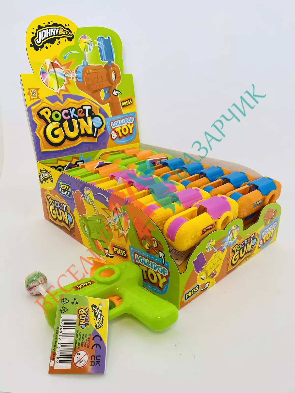 Леденец на палочке с игрушкой-пистолет JOHNY BEE® Pocket Gun Pop, 16шт